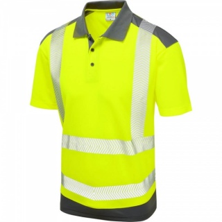 Leo Workwear P14-Y/GY Peppercombe ISO 20471 Class 2 Dual Colour EcoViz Coolviz Plus Polo Shirt Yellow / Grey